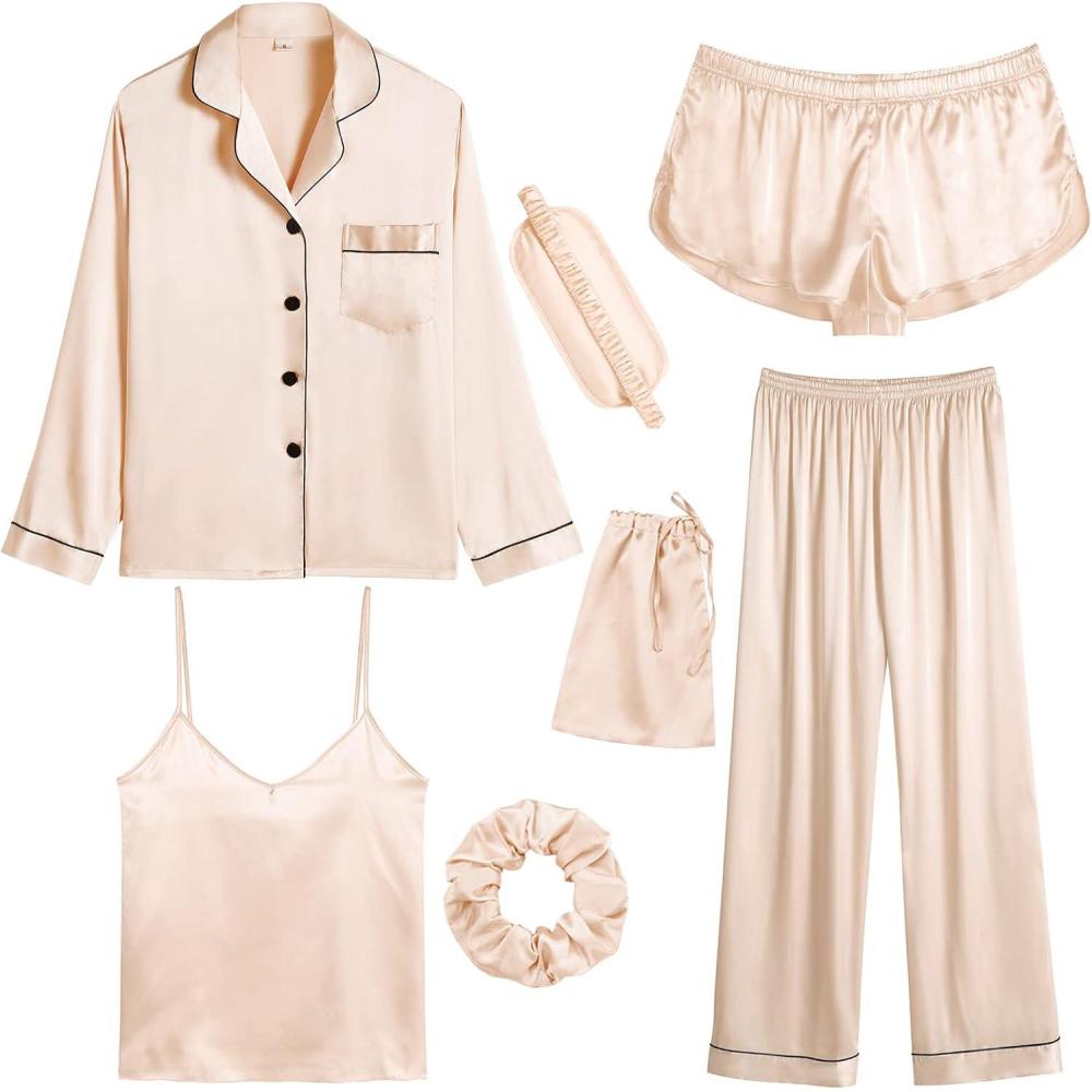 imageSWOMOG Women Satin Pajamas 4pcs Pajama Set Sexy Cami Shorts Set and Button Down Long Sleeve Pjs Loungewear SleepwearChampagne