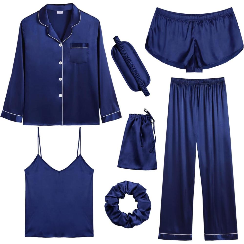 imageSWOMOG Women Satin Pajamas 4pcs Pajama Set Sexy Cami Shorts Set and Button Down Long Sleeve Pjs Loungewear SleepwearNavy Blue