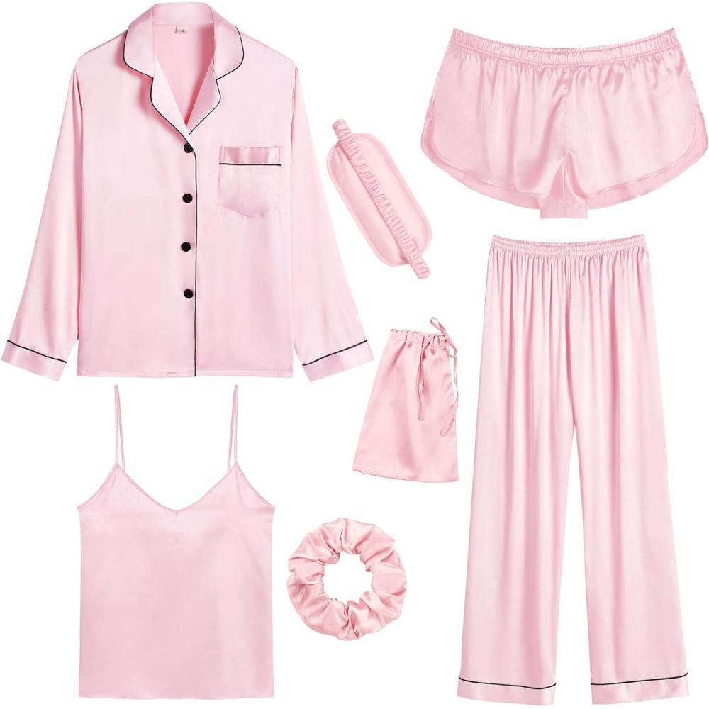 imageSWOMOG Women Satin Pajamas 4pcs Pajama Set Sexy Cami Shorts Set and Button Down Long Sleeve Pjs Loungewear SleepwearPink