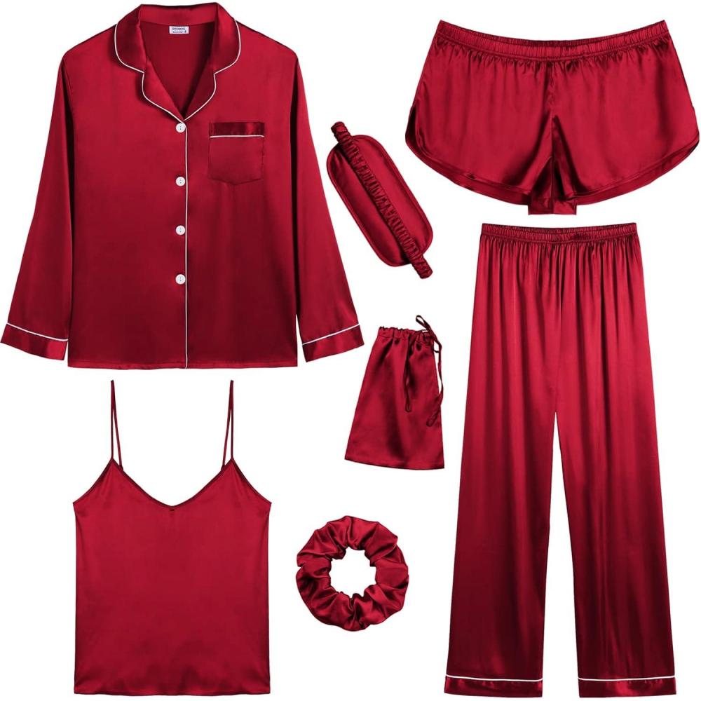 imageSWOMOG Women Satin Pajamas 4pcs Pajama Set Sexy Cami Shorts Set and Button Down Long Sleeve Pjs Loungewear SleepwearRed