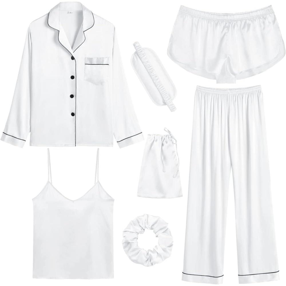 imageSWOMOG Women Satin Pajamas 4pcs Pajama Set Sexy Cami Shorts Set and Button Down Long Sleeve Pjs Loungewear SleepwearWhite