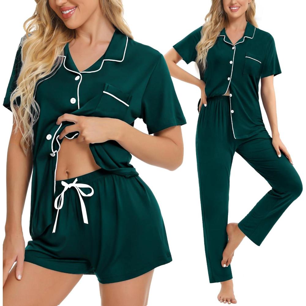imageSWOMOG Womens 3pcs Button Down Pajamas Set Short Sleeve Sleepwear Bride Pj Lounge Set with Long PantsEmerald