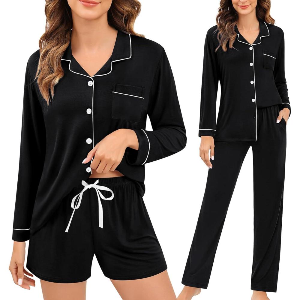 imageSWOMOG Womens 3pcs Button Down Pajamas Set Short Sleeve Sleepwear Bride Pj Lounge Set with Long PantsLong Sleeve Black