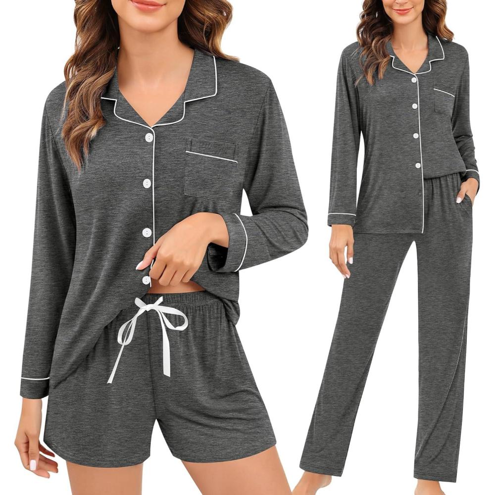 imageSWOMOG Womens 3pcs Button Down Pajamas Set Short Sleeve Sleepwear Bride Pj Lounge Set with Long PantsLong Sleeve Deep Grey