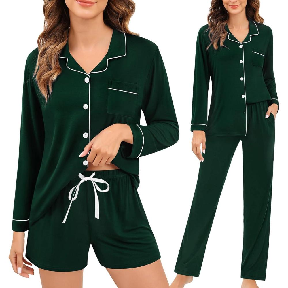 imageSWOMOG Womens 3pcs Button Down Pajamas Set Short Sleeve Sleepwear Bride Pj Lounge Set with Long PantsLong Sleeve Green