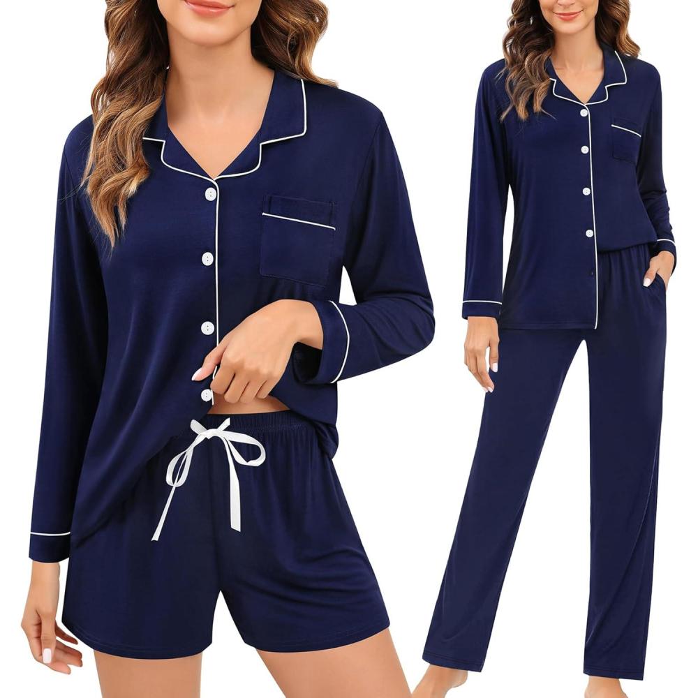 imageSWOMOG Womens 3pcs Button Down Pajamas Set Short Sleeve Sleepwear Bride Pj Lounge Set with Long PantsLong Sleeve Navy Blue