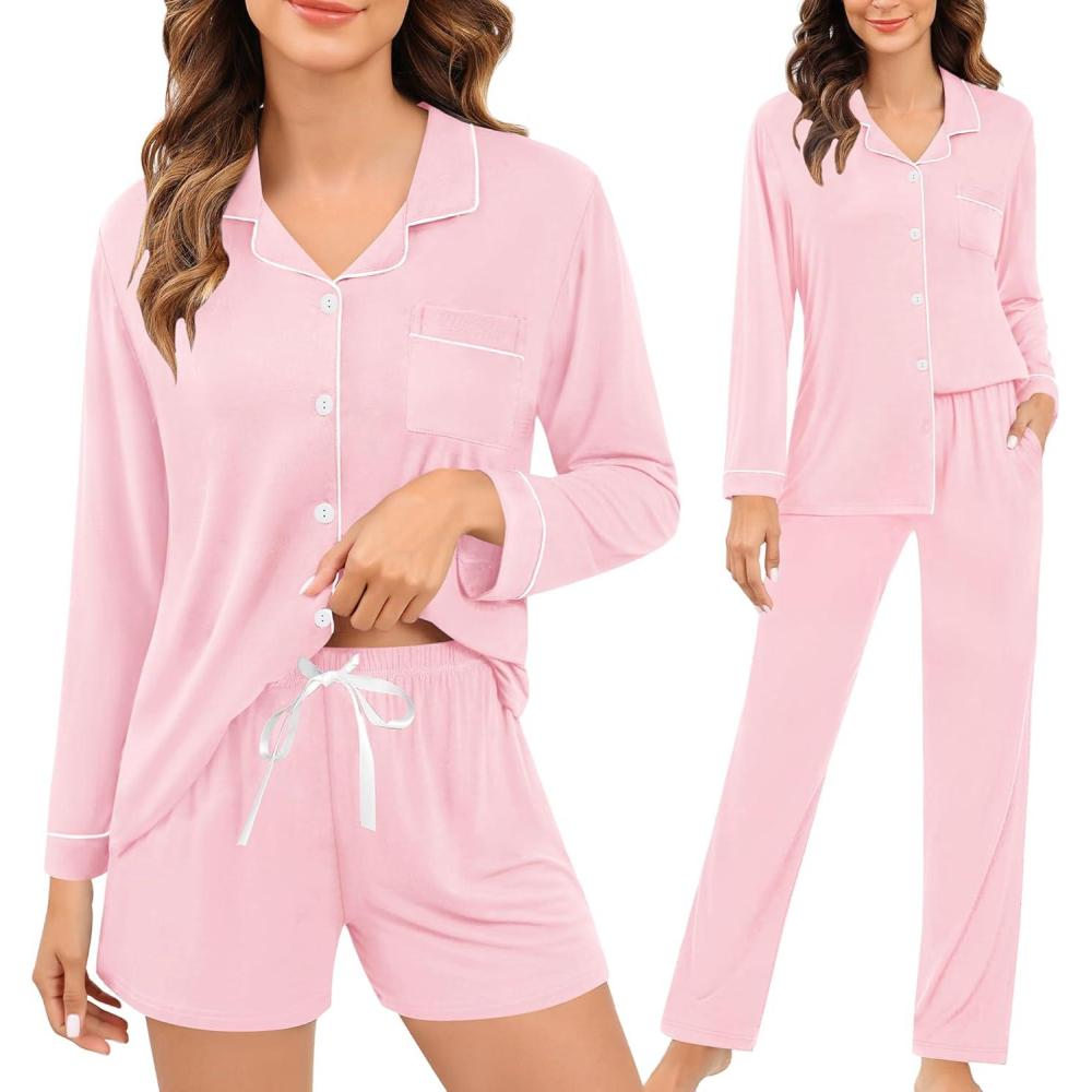 imageSWOMOG Womens 3pcs Button Down Pajamas Set Short Sleeve Sleepwear Bride Pj Lounge Set with Long PantsLong Sleeve Pink