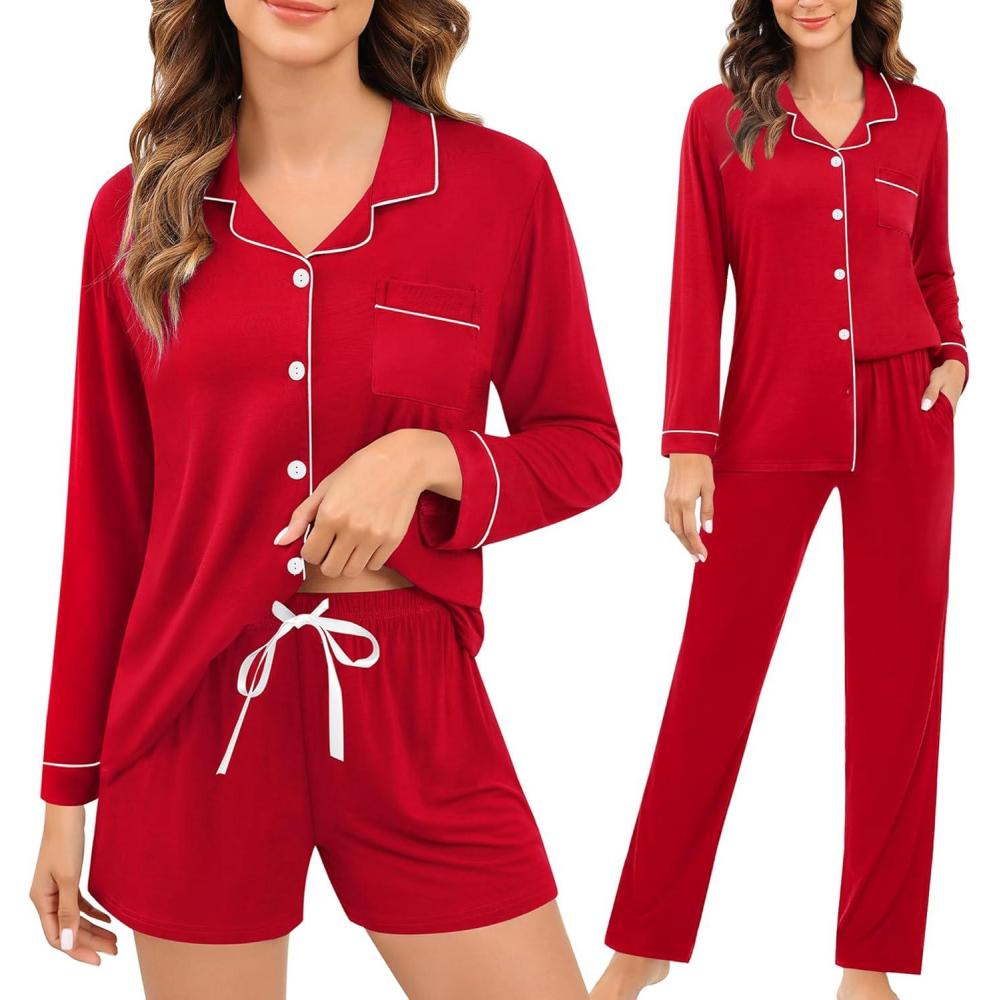 imageSWOMOG Womens 3pcs Button Down Pajamas Set Short Sleeve Sleepwear Bride Pj Lounge Set with Long PantsLong Sleeve Red