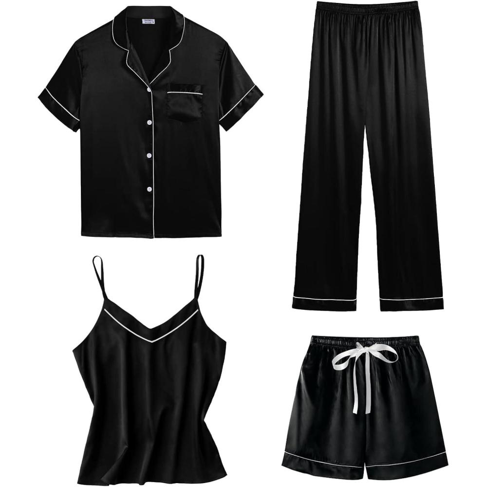 imageSWOMOG Womens 4pcs Pajamas Sets Short Sleeve Camisole with Button Down Shirt Pjs Silk Satin Sleepwear LoungewearBlack