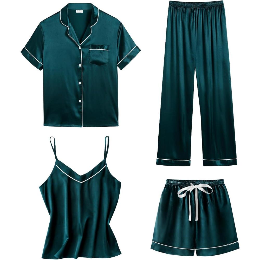 imageSWOMOG Womens 4pcs Pajamas Sets Short Sleeve Camisole with Button Down Shirt Pjs Silk Satin Sleepwear LoungewearDeep Green
