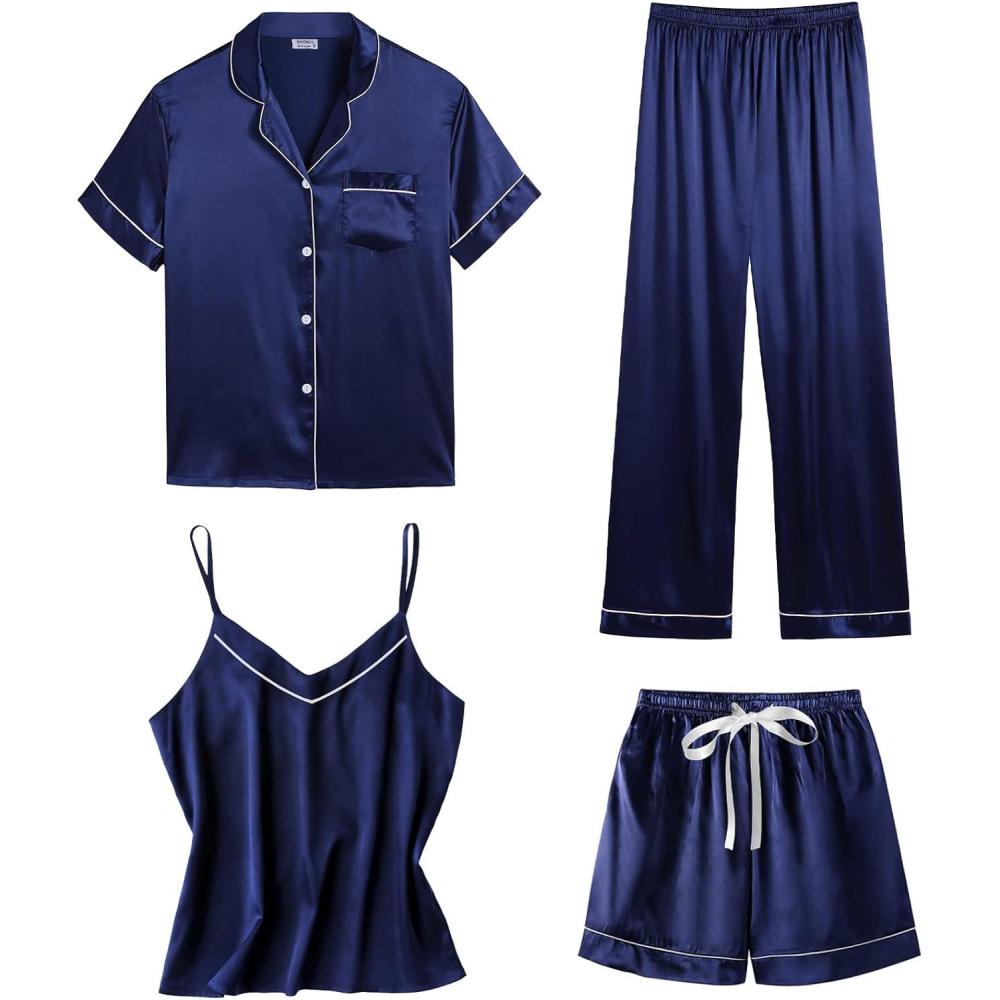 imageSWOMOG Womens 4pcs Pajamas Sets Short Sleeve Camisole with Button Down Shirt Pjs Silk Satin Sleepwear LoungewearNavy Blue