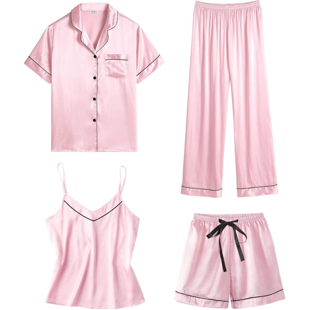 imageSWOMOG Womens 4pcs Pajamas Sets Short Sleeve Camisole with Button Down Shirt Pjs Silk Satin Sleepwear LoungewearPink