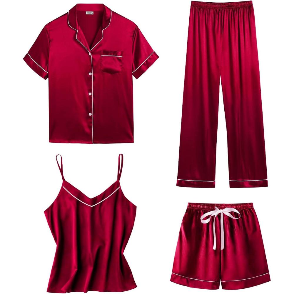 imageSWOMOG Womens 4pcs Pajamas Sets Short Sleeve Camisole with Button Down Shirt Pjs Silk Satin Sleepwear LoungewearRed