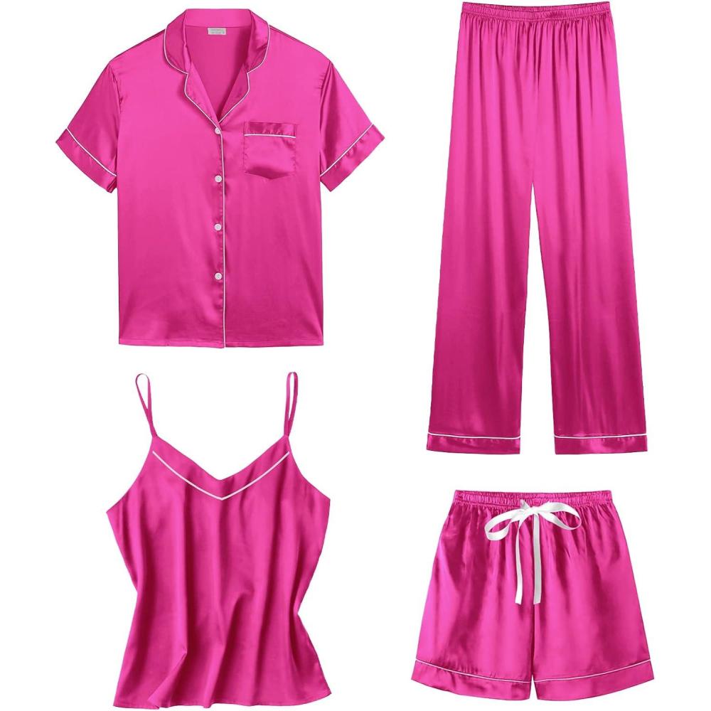 imageSWOMOG Womens 4pcs Pajamas Sets Short Sleeve Camisole with Button Down Shirt Pjs Silk Satin Sleepwear LoungewearRose Red
