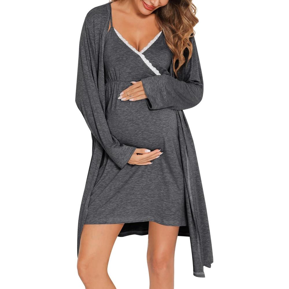 imageSWOMOG Womens Maternity Robe 2 Piece Nursing Nightgown for Breastfeeding 3 in 1 Labor Delivery Nursing Dress Lace BathrobeAdark Gray