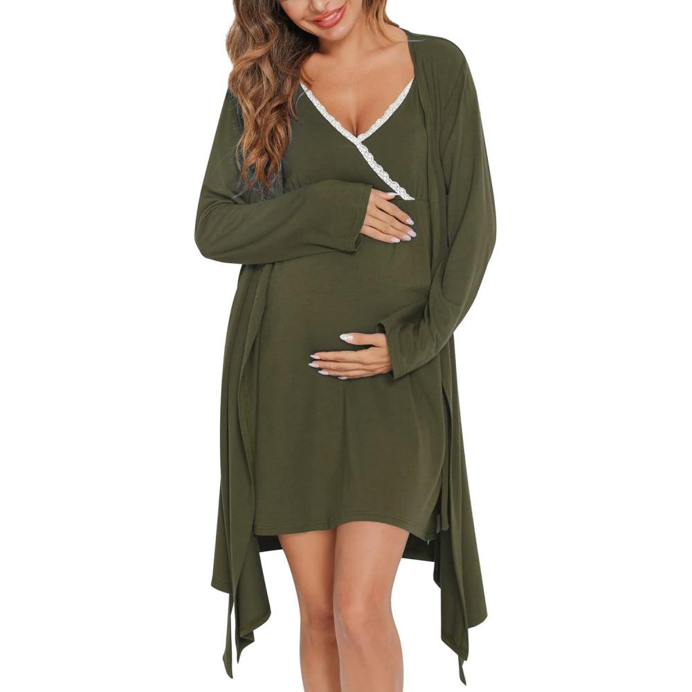 imageSWOMOG Womens Maternity Robe 2 Piece Nursing Nightgown for Breastfeeding 3 in 1 Labor Delivery Nursing Dress Lace BathrobeArmy Green