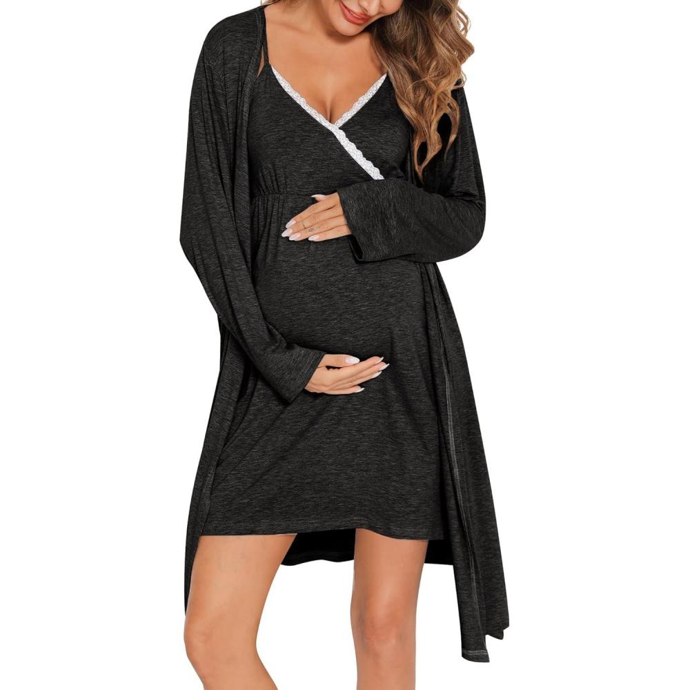 imageSWOMOG Womens Maternity Robe 2 Piece Nursing Nightgown for Breastfeeding 3 in 1 Labor Delivery Nursing Dress Lace BathrobeBlack Grey