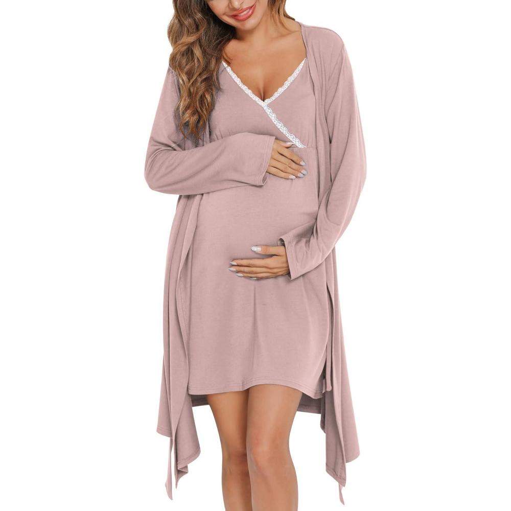 imageSWOMOG Womens Maternity Robe 2 Piece Nursing Nightgown for Breastfeeding 3 in 1 Labor Delivery Nursing Dress Lace BathrobeCtaro Purple