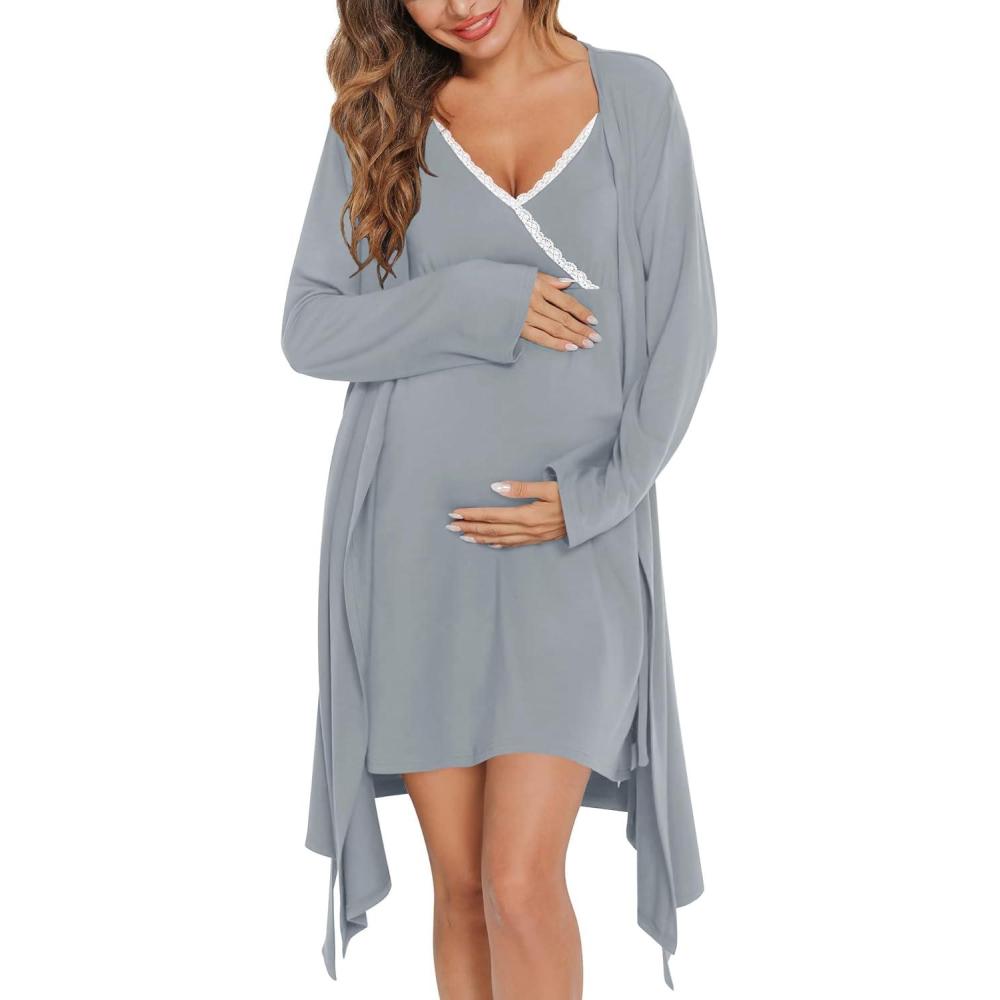 imageSWOMOG Womens Maternity Robe 2 Piece Nursing Nightgown for Breastfeeding 3 in 1 Labor Delivery Nursing Dress Lace BathrobeGray Green
