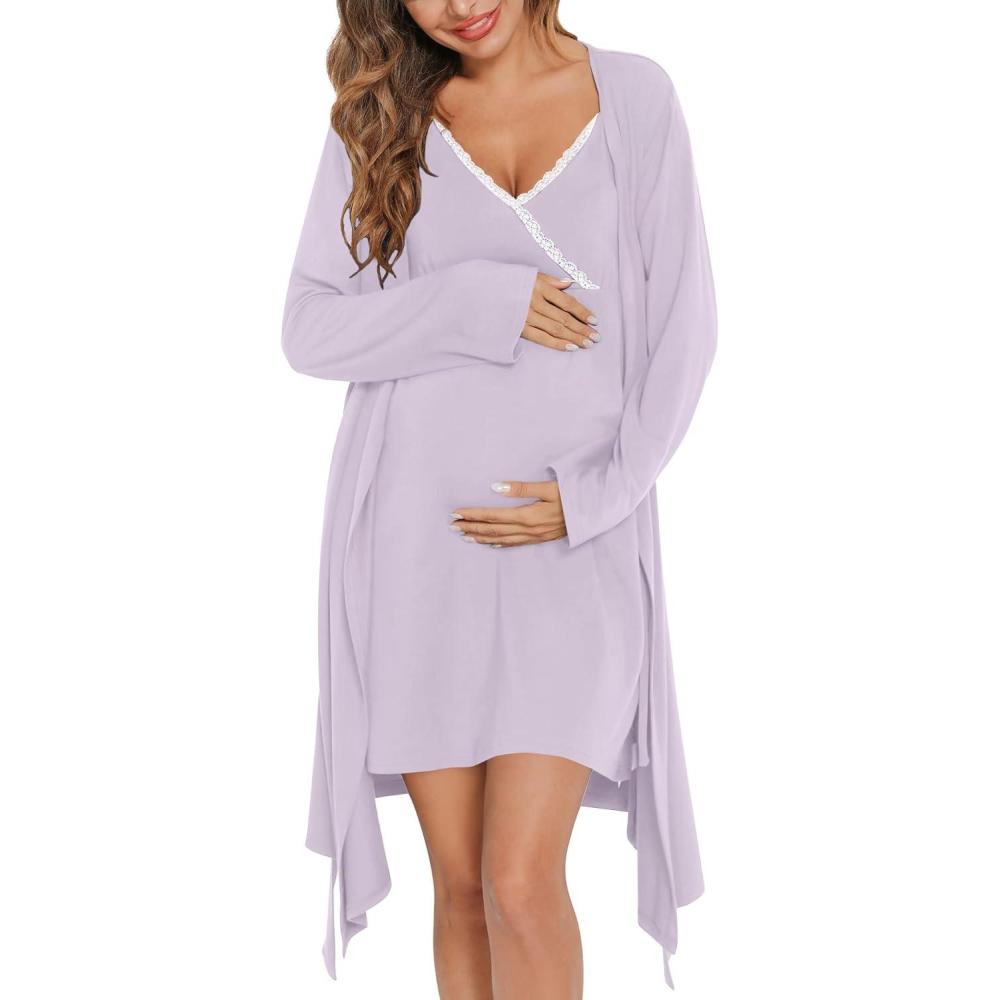 imageSWOMOG Womens Maternity Robe 2 Piece Nursing Nightgown for Breastfeeding 3 in 1 Labor Delivery Nursing Dress Lace BathrobeLilac