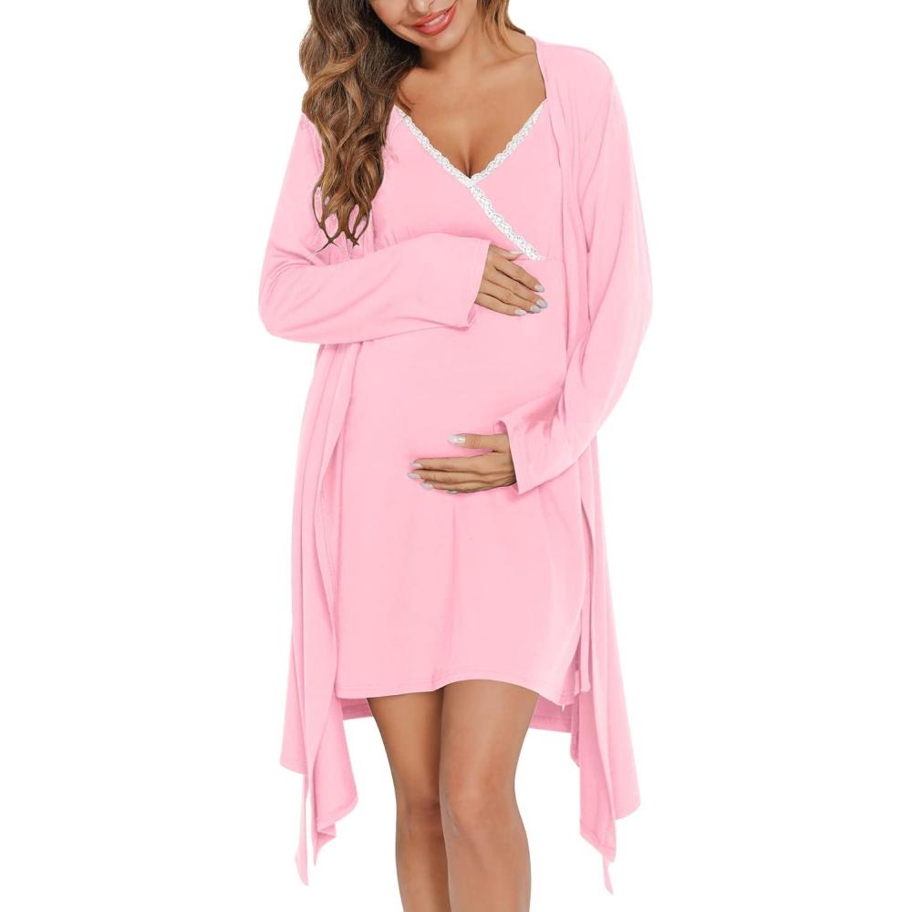 imageSWOMOG Womens Maternity Robe 2 Piece Nursing Nightgown for Breastfeeding 3 in 1 Labor Delivery Nursing Dress Lace BathrobePink