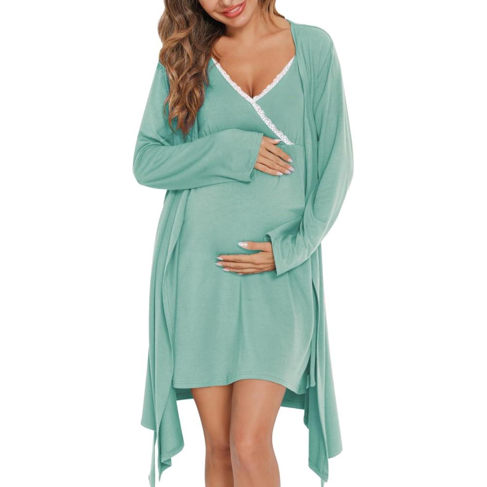 imageSWOMOG Womens Maternity Robe 2 Piece Nursing Nightgown for Breastfeeding 3 in 1 Labor Delivery Nursing Dress Lace BathrobeSage Green