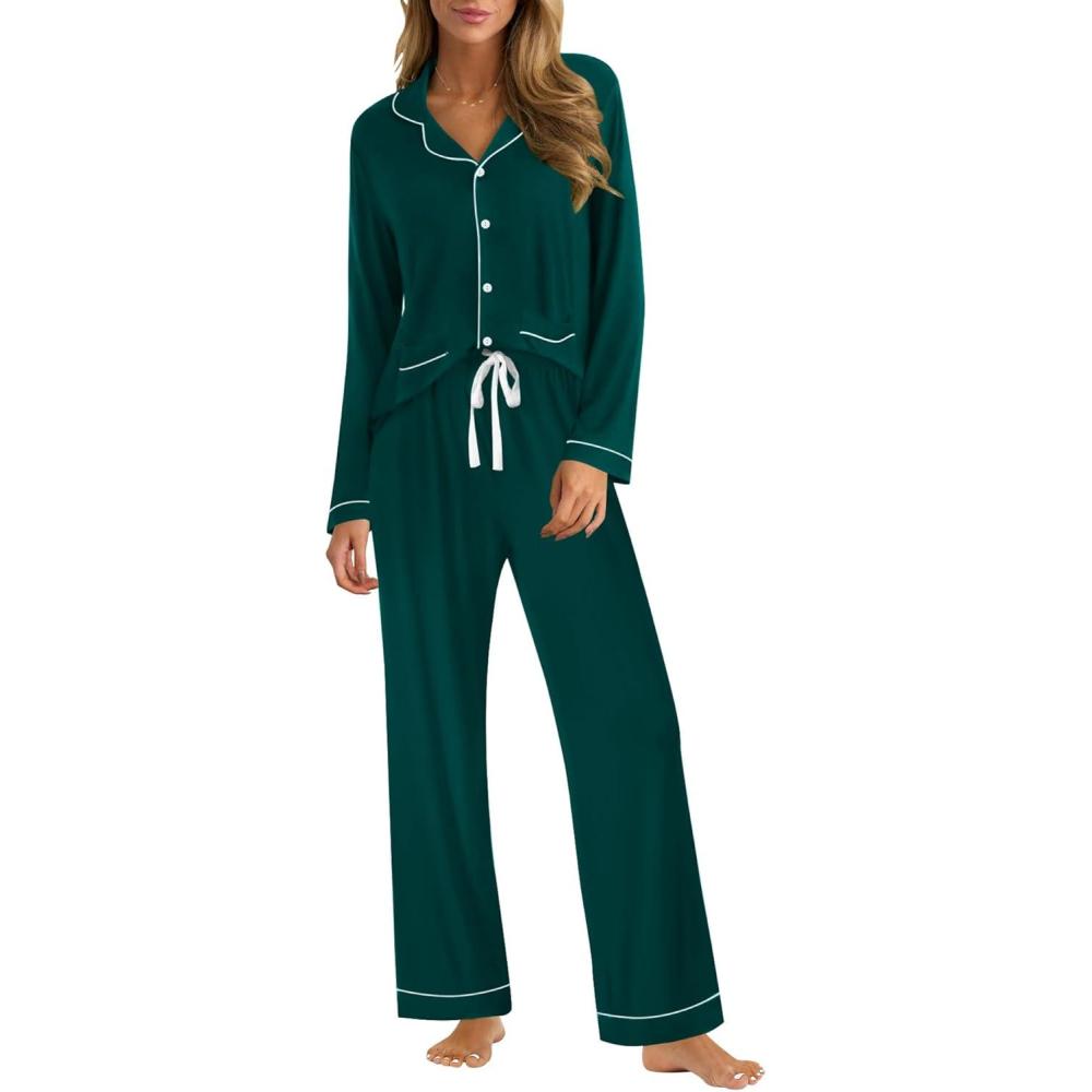 imageSWOMOG Womens Pajama Sets Long Sleeve Button Down Sleepwear Soft Pjs Lounge Sets with Pockets Navy Blue Wide PipingEmerald Greentwo Pockets