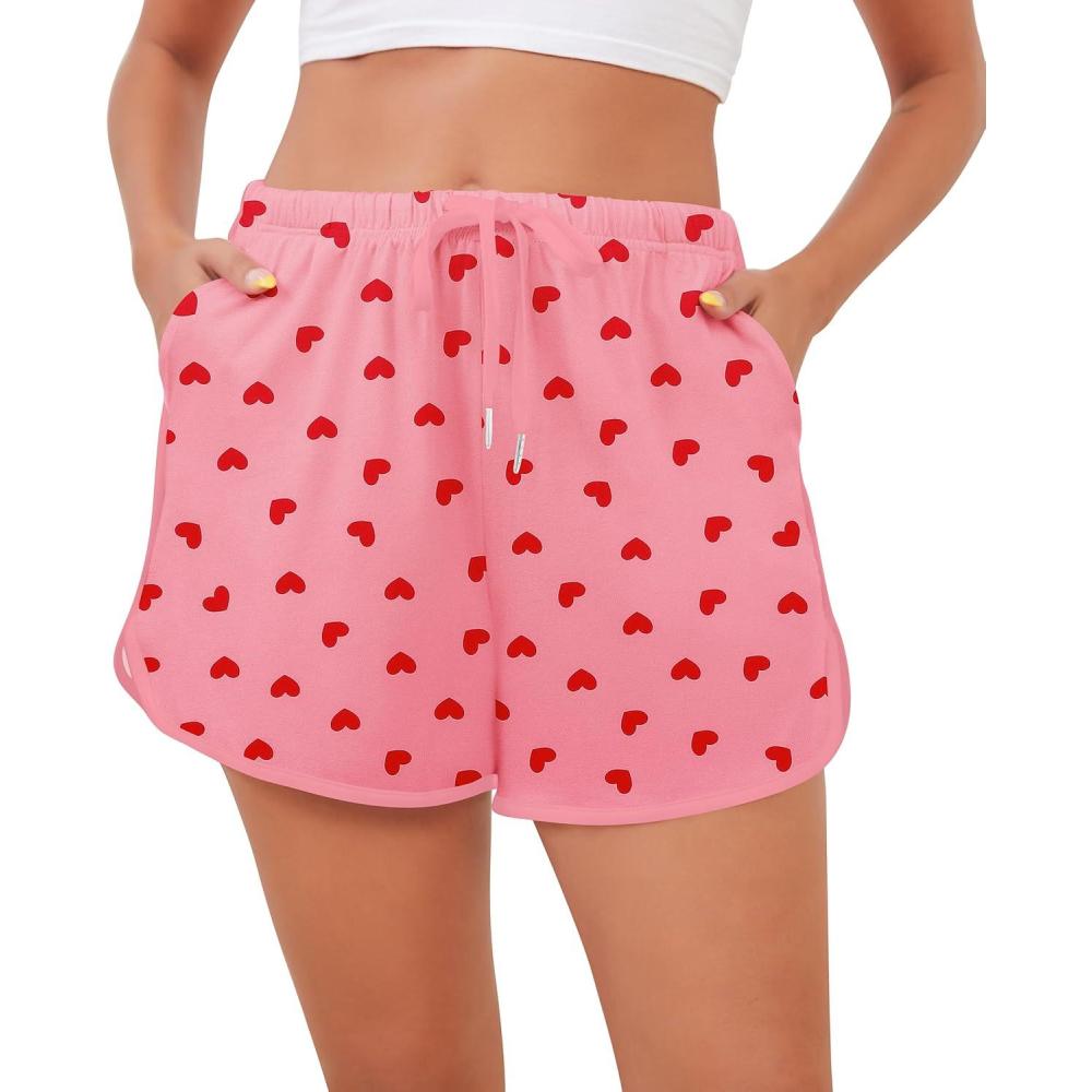 imageSWOMOG Womens Pajama Shorts Elastic Waist Sleep Shorts Women Comfy Lounge Pants Soft Pj Shorts with Pockets SXXLPink Red Heart