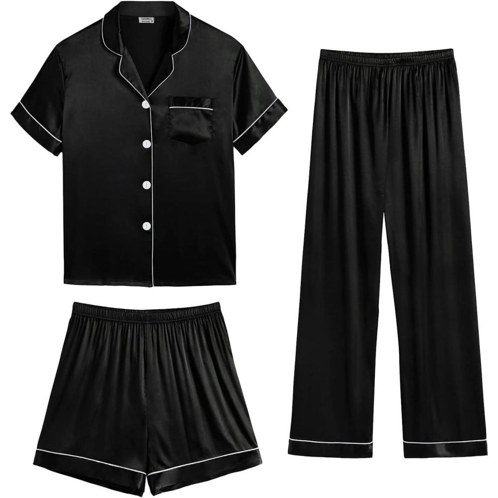 imageSWOMOG Womens Silk Satin Pajama Sets 3Pcs Button Down Pj Set Short Sleeve Sleepwear Loungewear Pjs Nightwear XSXXLBlack