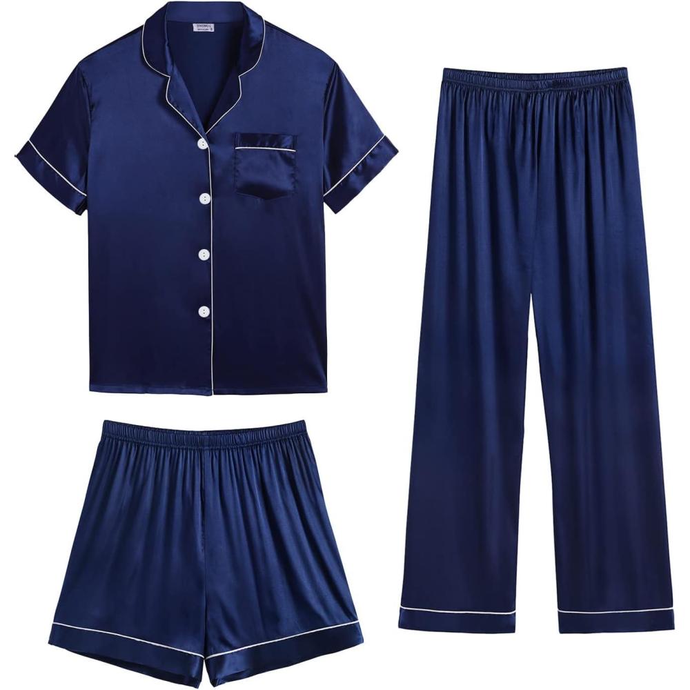 imageSWOMOG Womens Silk Satin Pajama Sets 3Pcs Button Down Pj Set Short Sleeve Sleepwear Loungewear Pjs Nightwear XSXXLNavy Blue