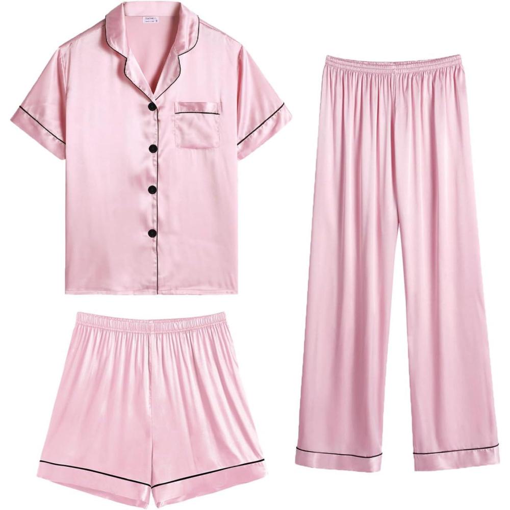 imageSWOMOG Womens Silk Satin Pajama Sets 3Pcs Button Down Pj Set Short Sleeve Sleepwear Loungewear Pjs Nightwear XSXXLPink