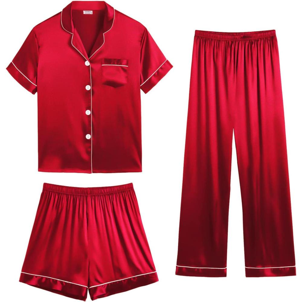 imageSWOMOG Womens Silk Satin Pajama Sets 3Pcs Button Down Pj Set Short Sleeve Sleepwear Loungewear Pjs Nightwear XSXXLRed