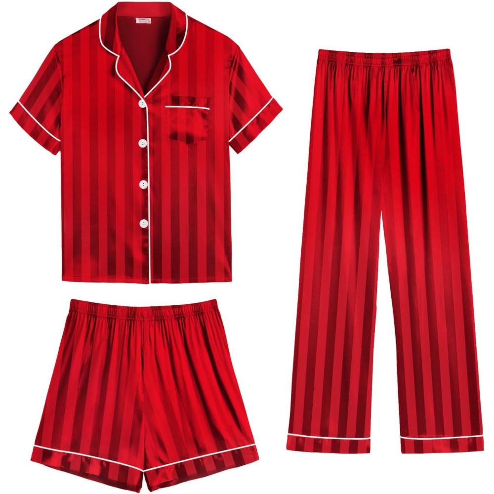 imageSWOMOG Womens Silk Satin Pajama Sets 3Pcs Button Down Pj Set Short Sleeve Sleepwear Loungewear Pjs Nightwear XSXXLRed Stripe