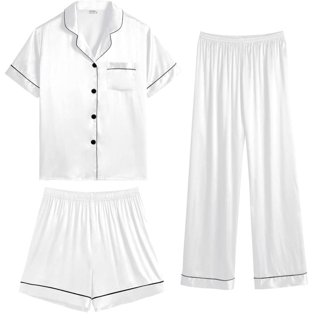 imageSWOMOG Womens Silk Satin Pajama Sets 3Pcs Button Down Pj Set Short Sleeve Sleepwear Loungewear Pjs Nightwear XSXXLWhite