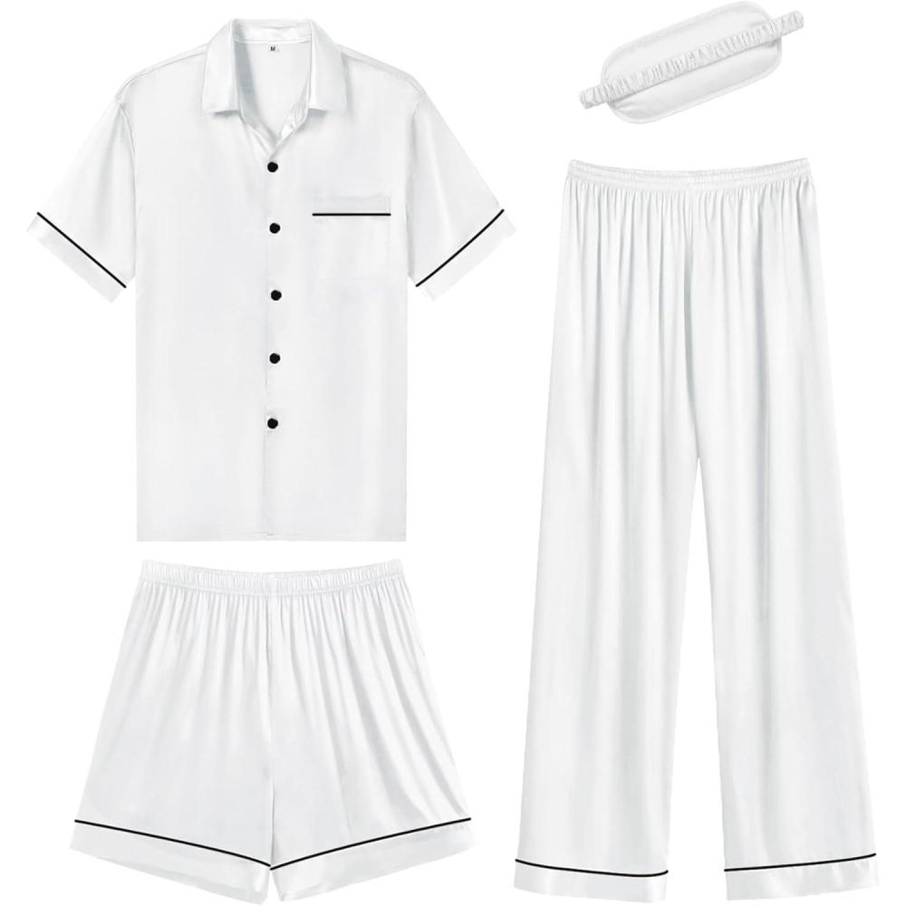 imageSWOMOG Womens Silk Satin Pajama Sets 3Pcs Button Down Pj Set Short Sleeve Sleepwear Loungewear Pjs Nightwear XSXXLWhite With Eye Mask