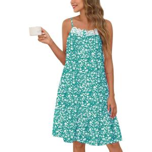SWOMOG 100% Cotton Nightgowns for Women Lace Sleeveless Sleep Dress Victorian Sleepshirt Button Strap Night Gown(Green Flower)