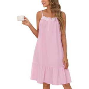 SWOMOG 100% Cotton Nightgowns for Women Lace Sleeveless Sleep Dress Victorian Sleepshirt Button Strap Night Gown(Pink)