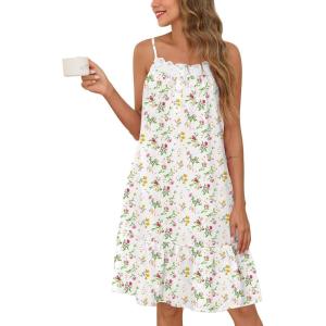 SWOMOG 100% Cotton Nightgowns for Women Lace Sleeveless Sleep Dress Victorian Sleepshirt Button Strap Night Gown(White Flower)