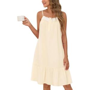 SWOMOG 100% Cotton Nightgowns for Women Lace Sleeveless Sleep Dress Victorian Sleepshirt Button Strap Night Gown(Yellow)
