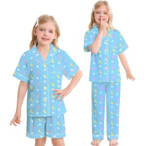 SWOMOG Big Girls Pajama Set 3PCS Button Dowm Sleepwear Short Sleeve with Short&Long Pants PJs Cute Print Loungewear(Blue Star and Moon)