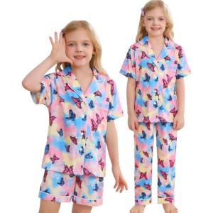 SWOMOG Big Girls Pajama Set 3PCS Button Dowm Sleepwear Short Sleeve with Short&Long Pants PJs Cute Print Loungewear(Colorful Butterfly)