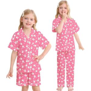 SWOMOG Big Girls Pajama Set 3PCS Button Dowm Sleepwear Short Sleeve with Short&Long Pants PJs Cute Print Loungewear(Pink Rabbit)