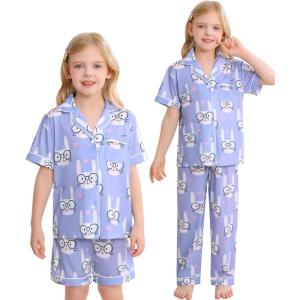 SWOMOG Big Girls Pajama Set 3PCS Button Dowm Sleepwear Short Sleeve with Short&Long Pants PJs Cute Print Loungewear(Purple Rabbit)
