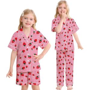 SWOMOG Big Girls Pajama Set 3PCS Button Dowm Sleepwear Short Sleeve with Short&Long Pants PJs Cute Print Loungewear(Taro Strawberry)