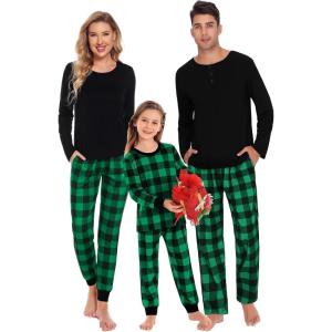 SWOMOG Couple Matching Pajamas Set Christmas Pajamas Long Sleeve Button Down Pj Set Festival Party Xmas Sleepwear(Black Green Plaid)