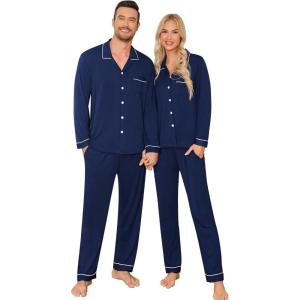 SWOMOG Couple Matching Pajamas Set Christmas Pajamas Long Sleeve Button Down Pj Set Festival Party Xmas Sleepwear(Navy Blue)