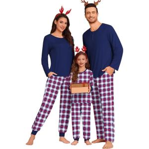SWOMOG Couple Matching Pajamas Set Christmas Pajamas Long Sleeve Button Down Pj Set Festival Party Xmas Sleepwear(Navy Blue Plaid)