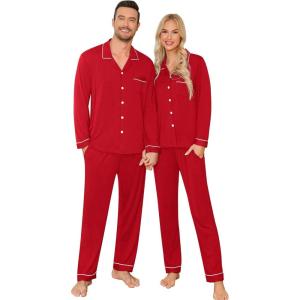 SWOMOG Couple Matching Pajamas Set Christmas Pajamas Long Sleeve Button Down Pj Set Festival Party Xmas Sleepwear(Red)