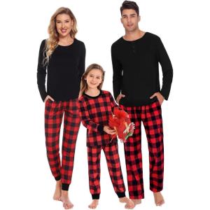SWOMOG Couple Matching Pajamas Set Christmas Pajamas Long Sleeve Button Down Pj Set Festival Party Xmas Sleepwear(Red Black Plaid)