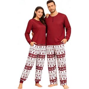 SWOMOG Couple Matching Pajamas Set Christmas Pajamas Long Sleeve Button Down Pj Set Festival Party Xmas Sleepwear(White Red Christmas Tree)